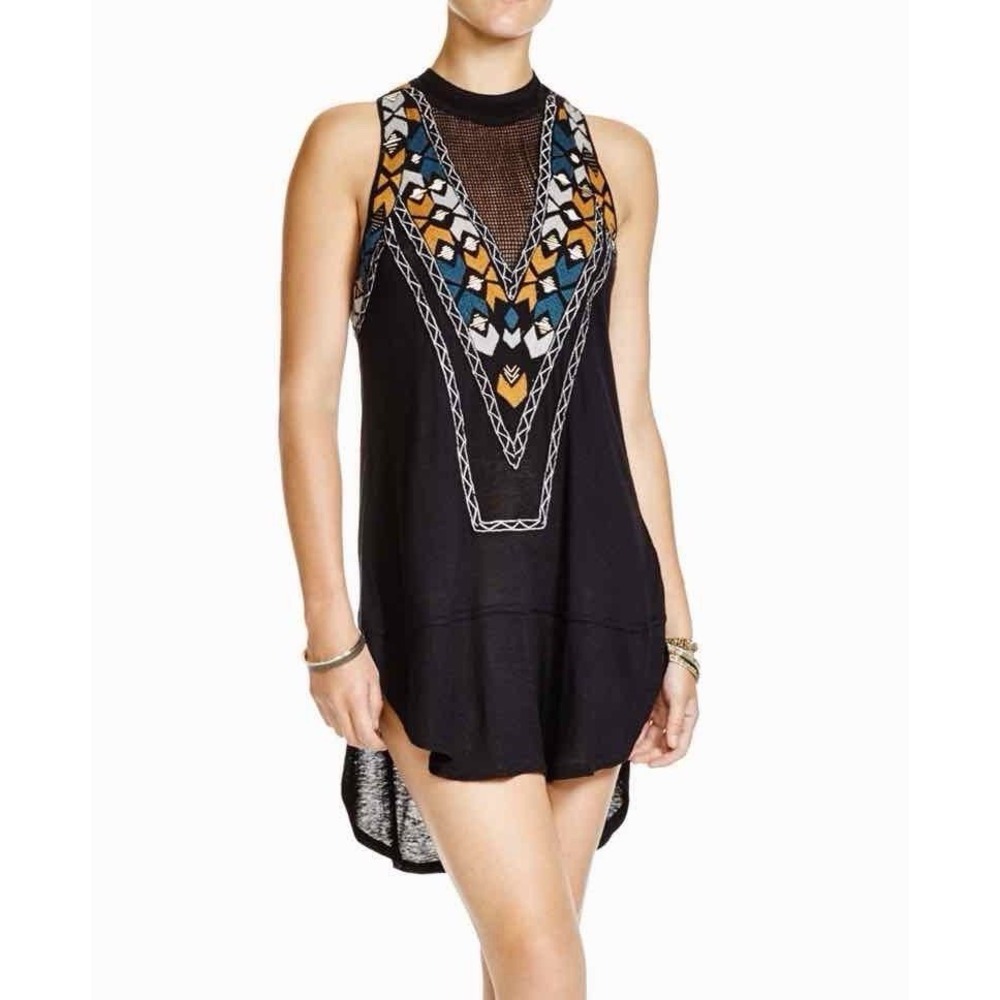 NWT Free People Adella Size S Black Mock Neck Embellished Top Tunic Boho